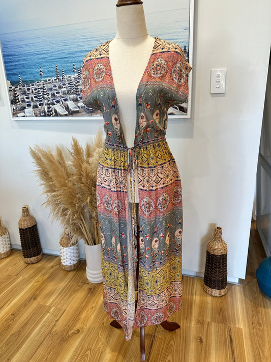 New Look - Longline Cardigan / Vest - Extra Small / Small - Pink, yellow + cream