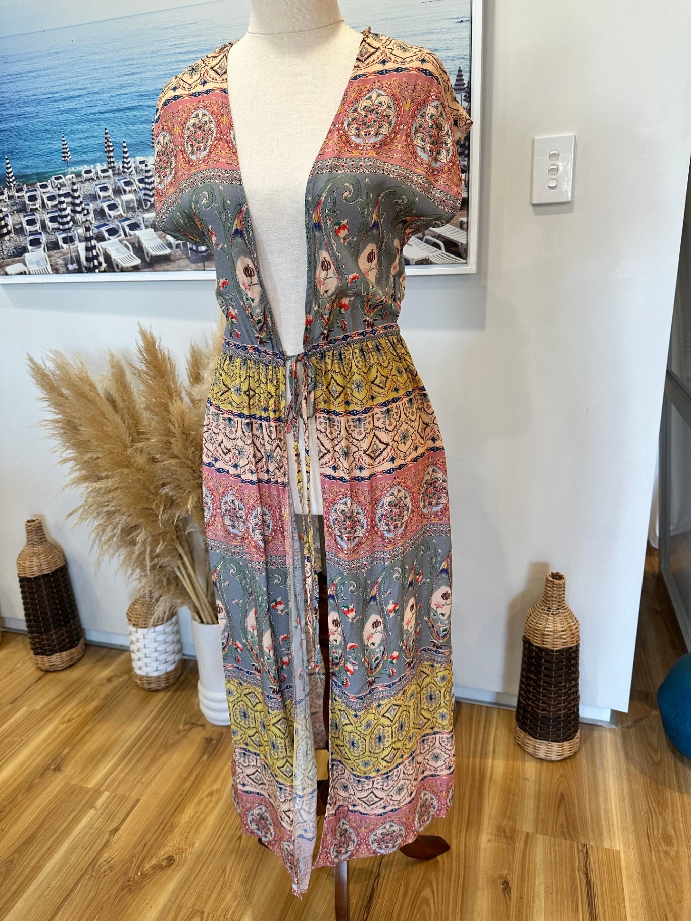 New Look - Longline Cardigan / Vest - Extra Small / Small - Pink, yellow + cream