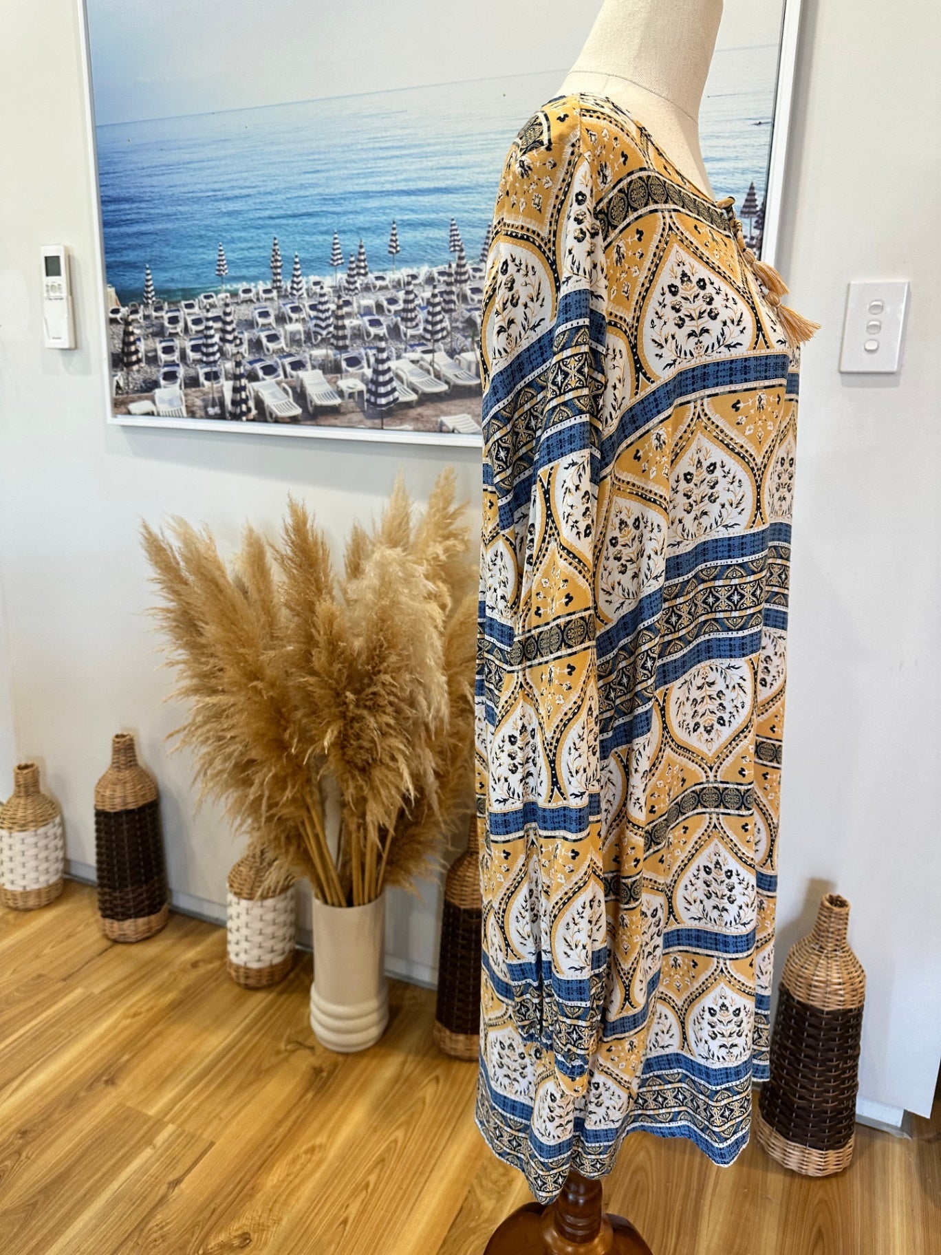 Roxy - Bohemian Dress - Size Large - Mustard yellow, Blue, White, Black