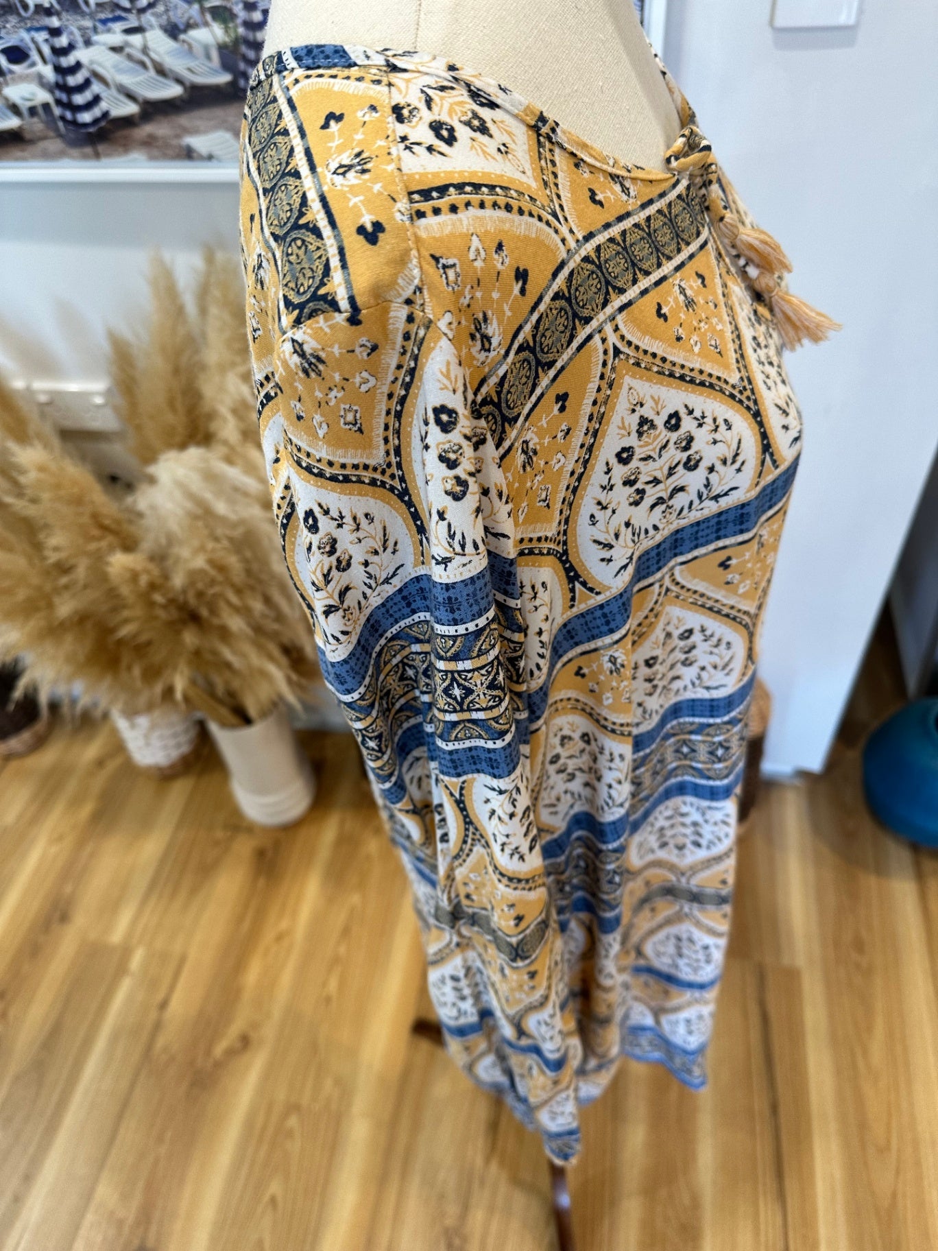 Roxy - Bohemian Dress - Size Large - Mustard yellow, Blue, White, Black