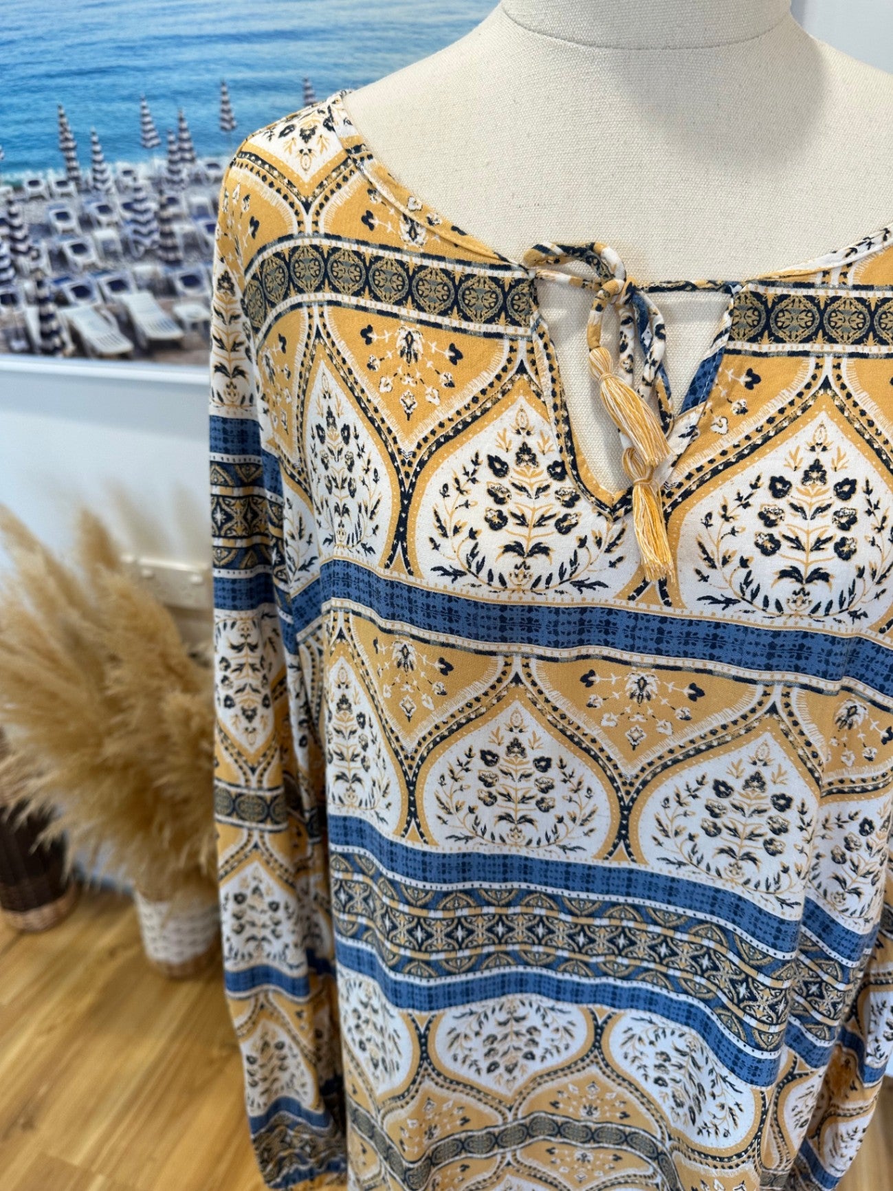 Roxy - Bohemian Dress - Size Large - Mustard yellow, Blue, White, Black