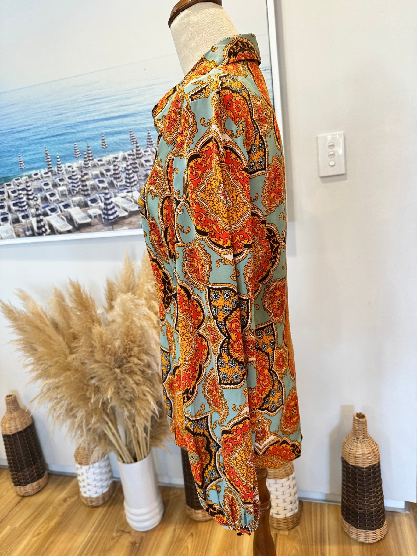 Charlie Brown - Blouse - Size 12 - Aqua & Orange Paisley Print - Silk + Spandex