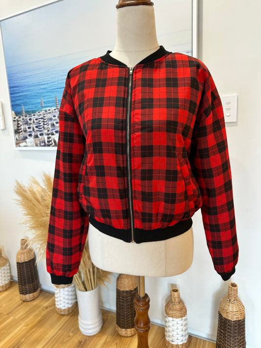 Bomber Jacket - Red + Black Gingham - Size 8