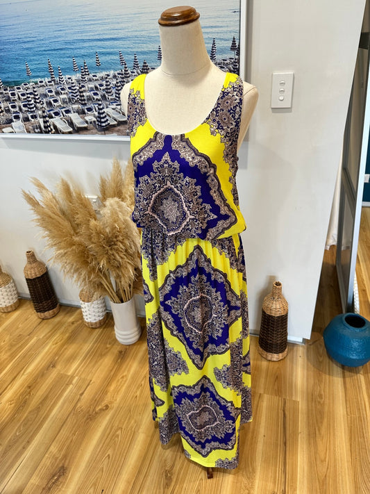 Boohoo - Maxi Dress - Size 10 - Yellow and Blue w Paisley Print