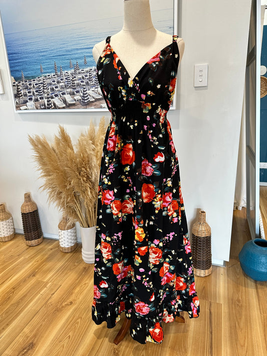 Black Dress w Rose Print - Medium / Large