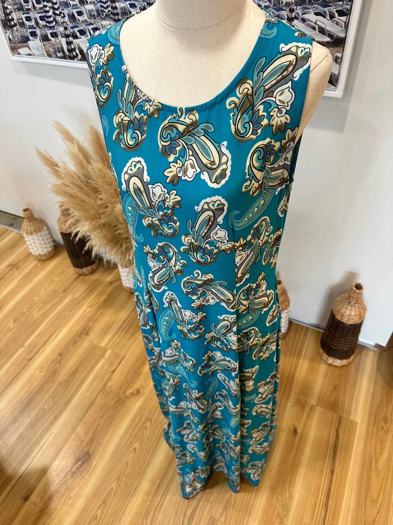 [SALE] Turquoise with Paisley Print - Maxi Dress - NEW - Size Large