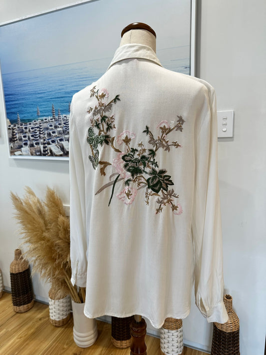 Cream Blouse - w Embroidery Butterflies - Approx Size 12
