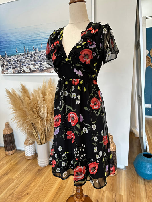 [SALE] Max Dress - Size 8 - Black w Floral Print and V neck