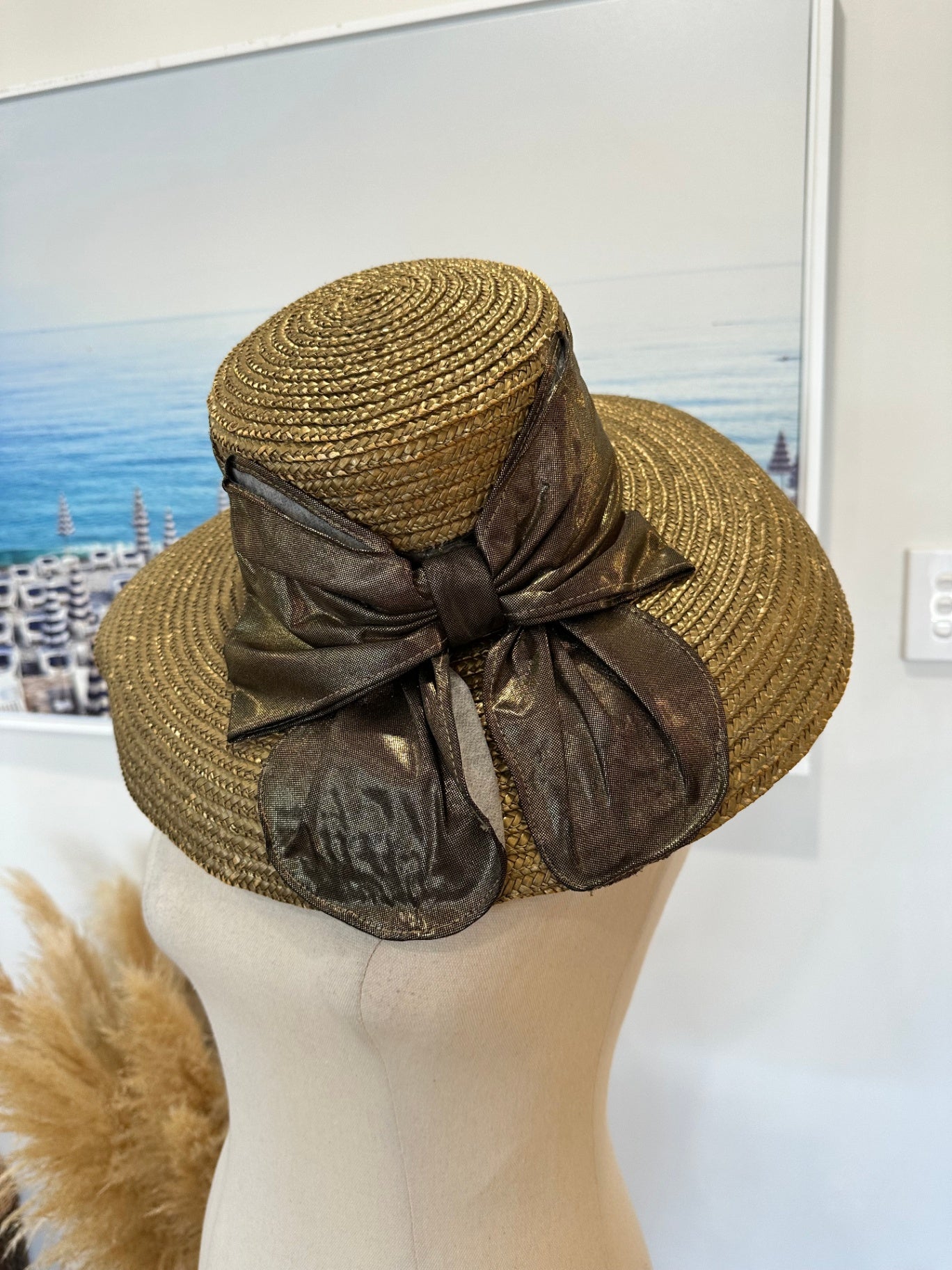 [SALE] Sun Hat - Gold w Olive Green Bow
