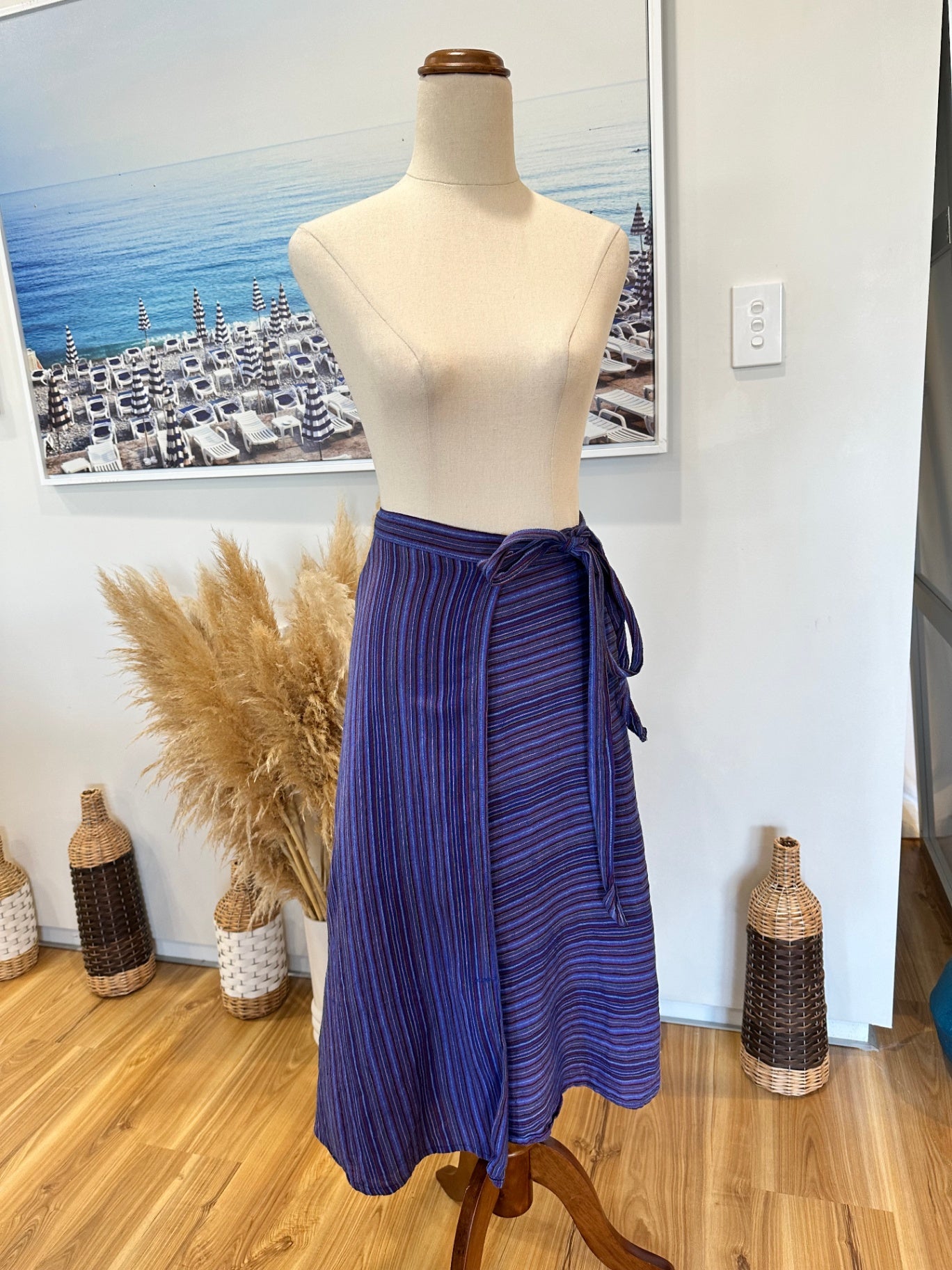 [SALE] Made in Nepal - Wraparound Skirt - One Size - Blue with multicolored stripes
