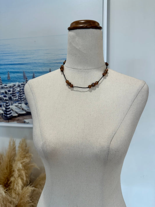 [SALE] Necklace - Leather cord with Brown & Amber beads