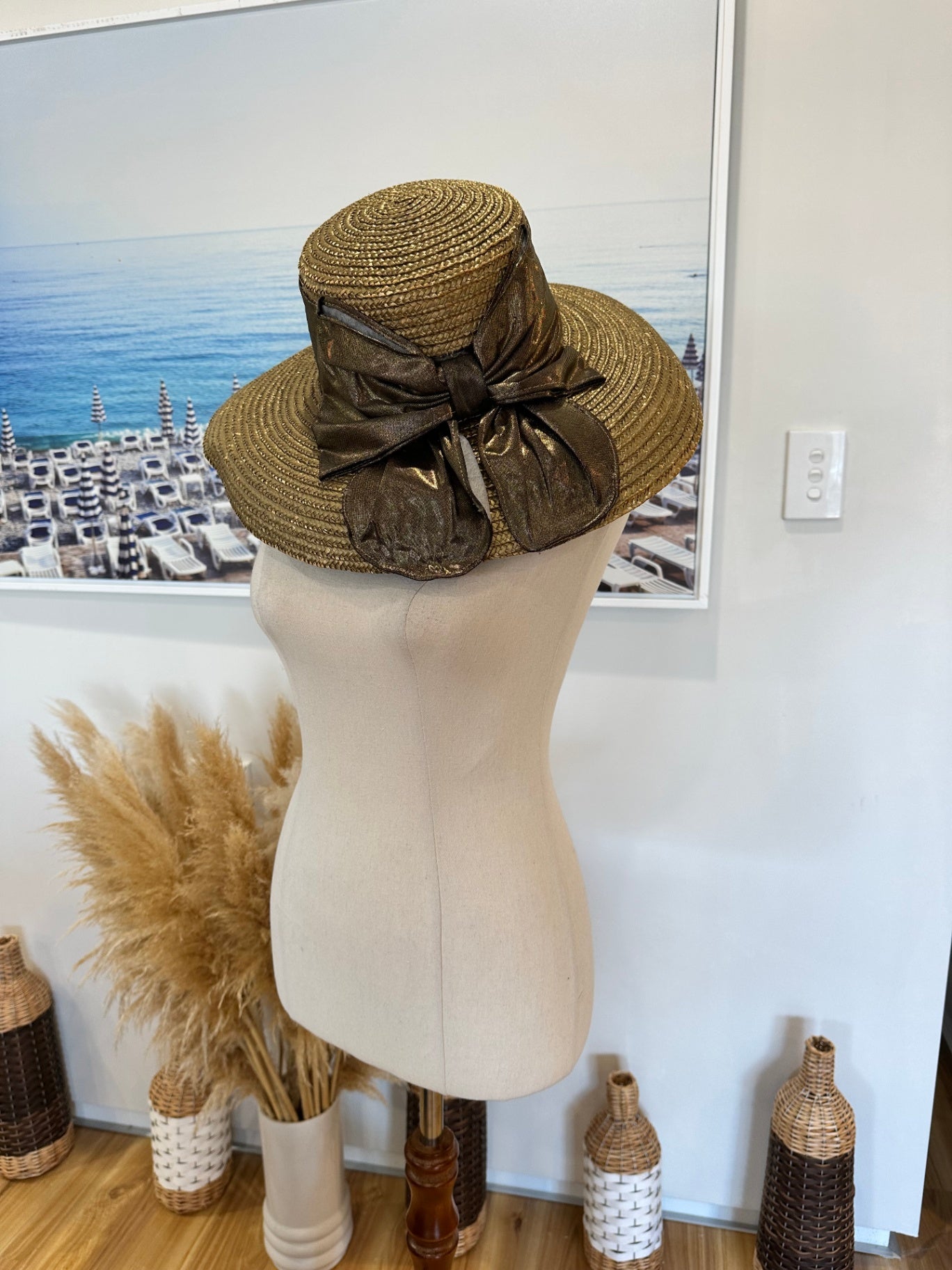 [SALE] Sun Hat - Gold w Olive Green Bow
