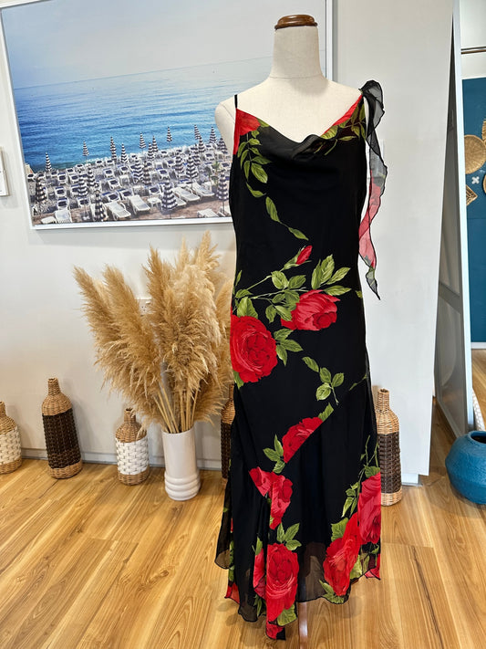 Flirt Alert - Dress - Size 12 - Black with Red and Green floral pattern
