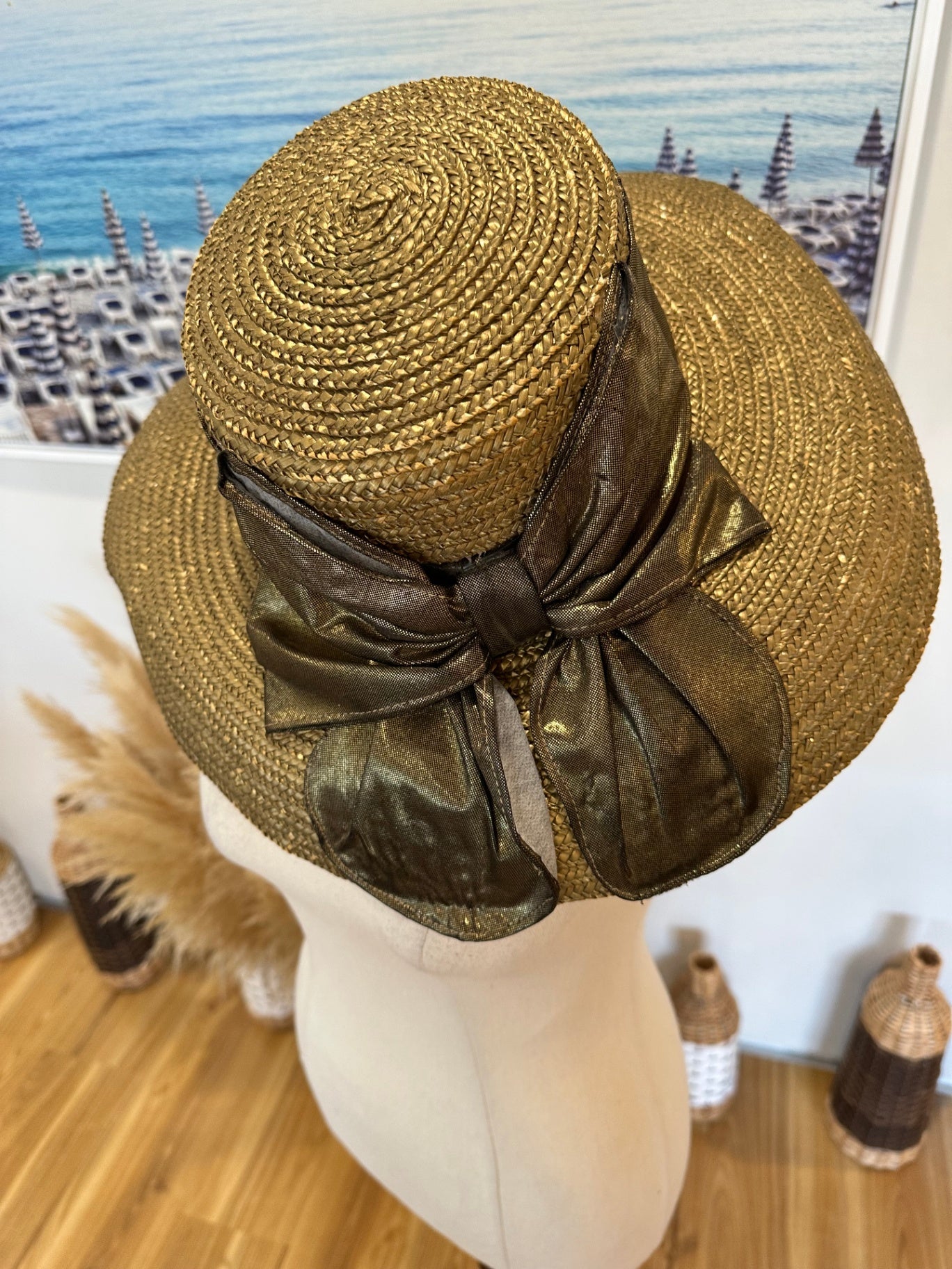 [SALE] Sun Hat - Gold w Olive Green Bow