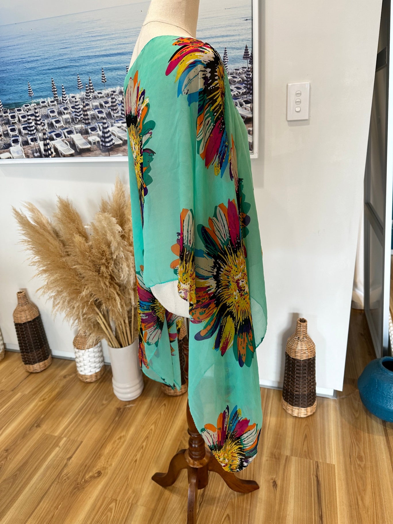 [SALE] Kaftan - Aqua w bright floral feature - One Size