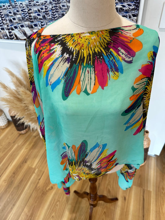 [SALE] Kaftan - Aqua w bright floral feature - One Size