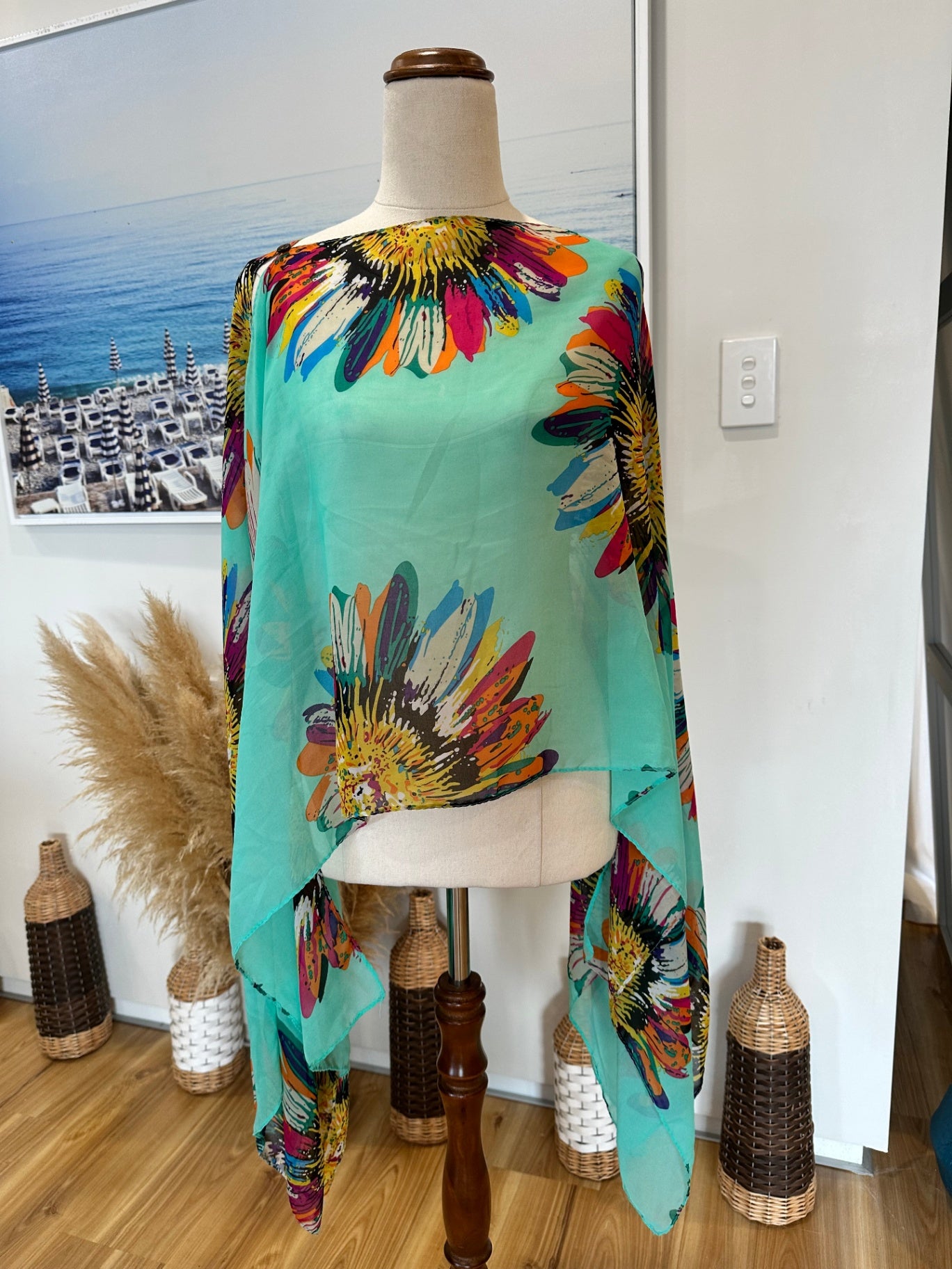[SALE] Kaftan - Aqua w bright floral feature - One Size