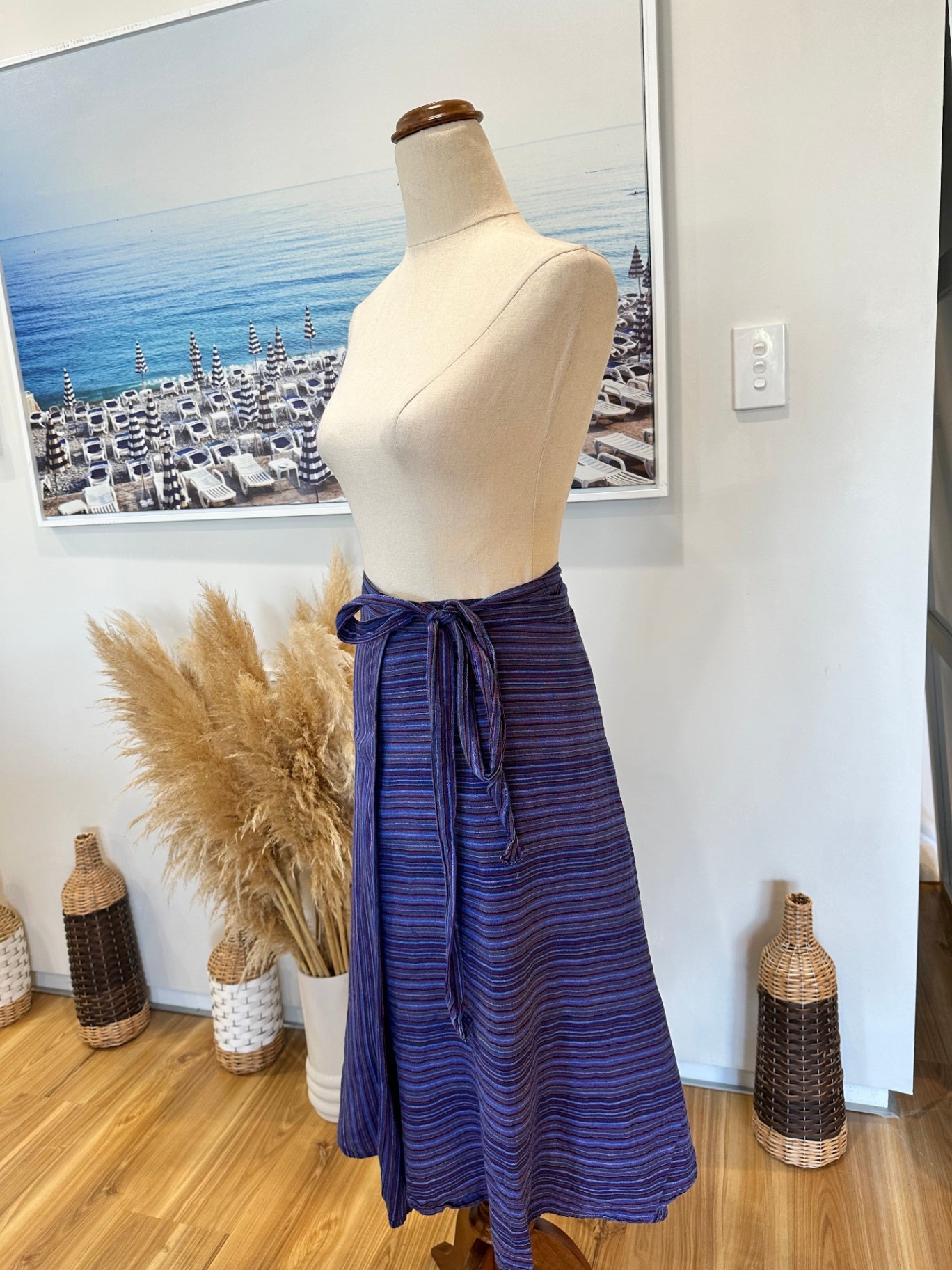 [SALE] Made in Nepal - Wraparound Skirt - One Size - Blue with multicolored stripes