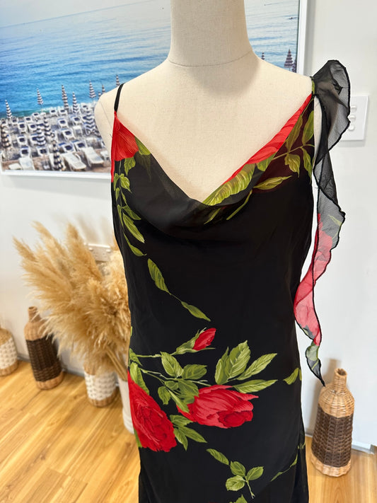 Flirt Alert - Dress - Size 12 - Black with Red and Green floral pattern