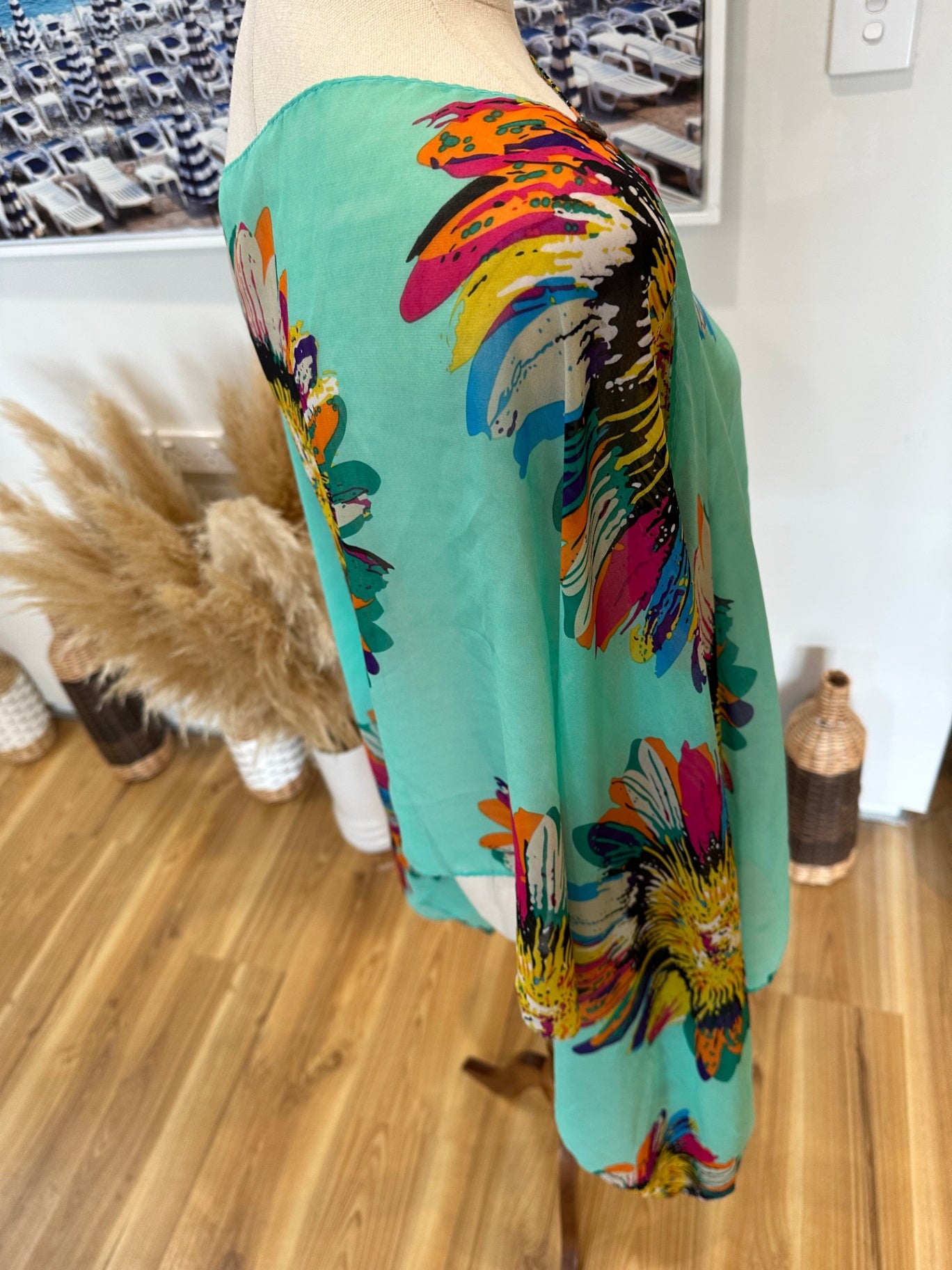[SALE] Kaftan - Aqua w bright floral feature - One Size