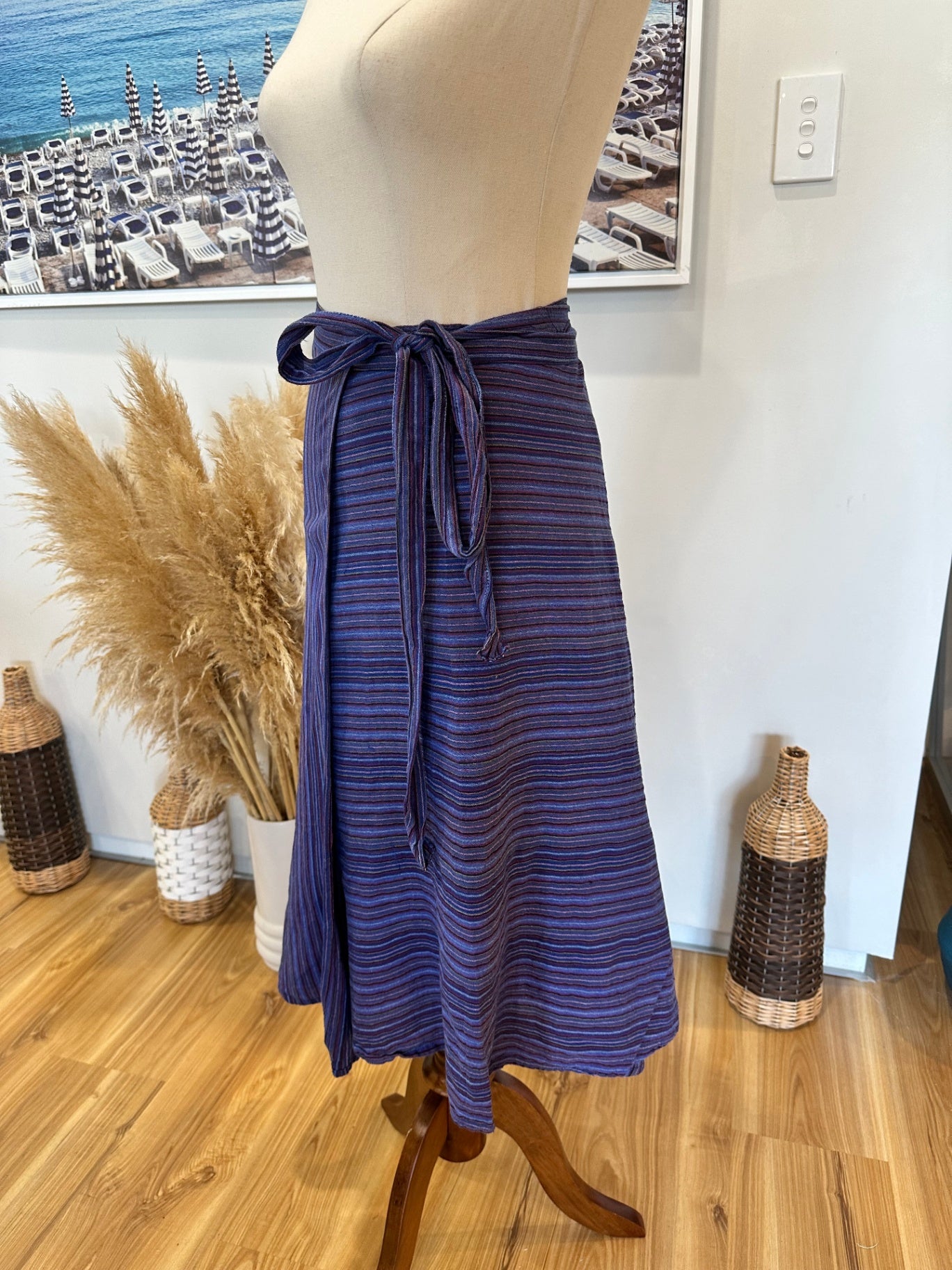 [SALE] Made in Nepal - Wraparound Skirt - One Size - Blue with multicolored stripes