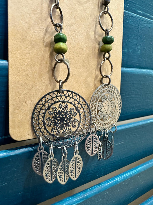 Earrings - Green Beads - Dreamcatcher pendant