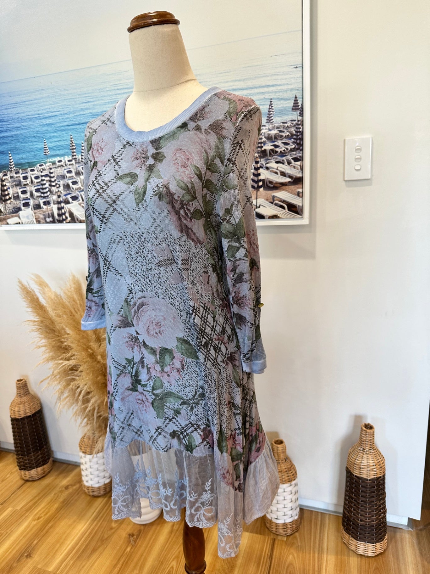 [SALE] Pale Blue Dress w Tartan / Floral Print - Size Small