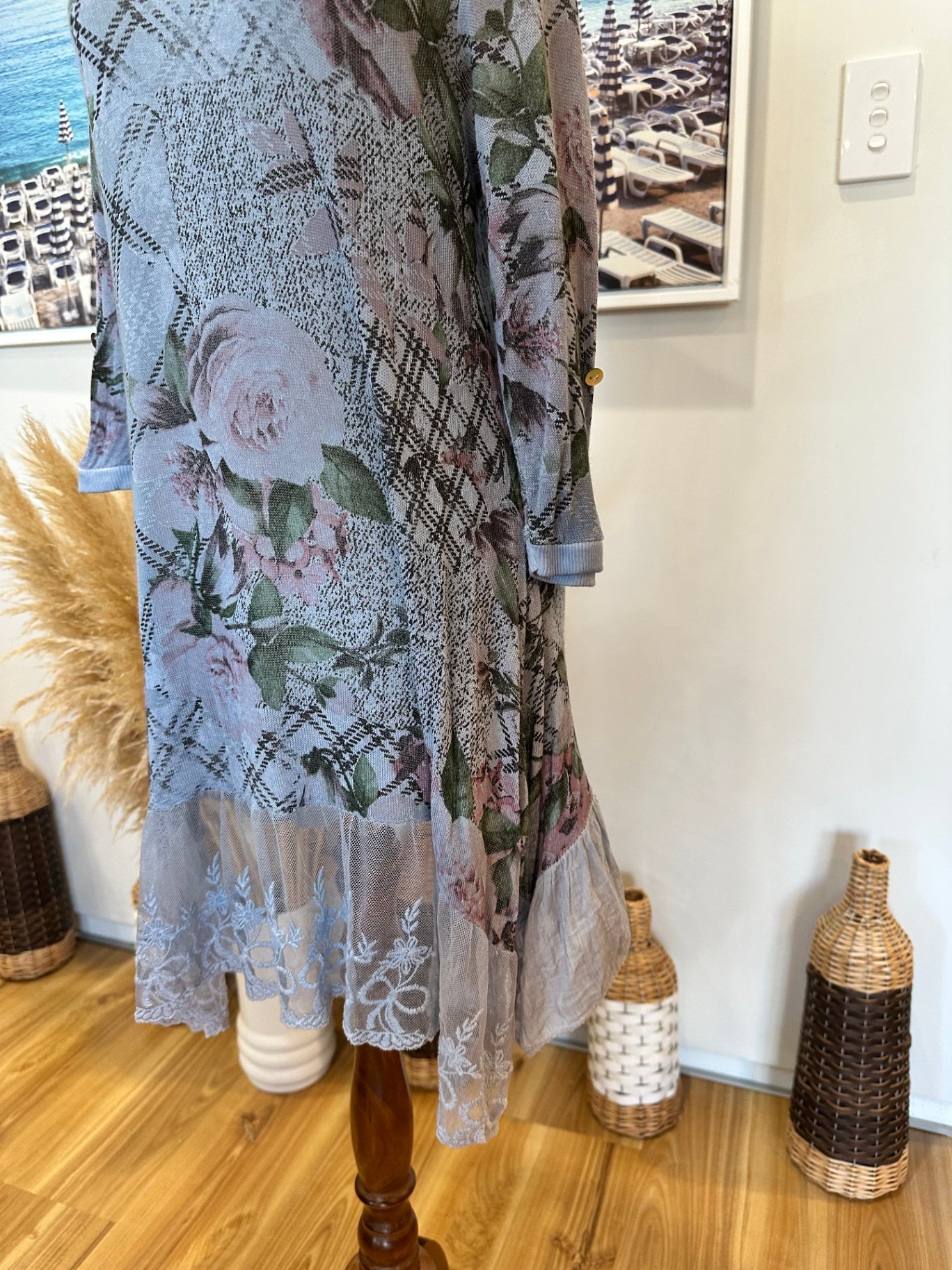 [SALE] Pale Blue Dress w Tartan / Floral Print - Size Small