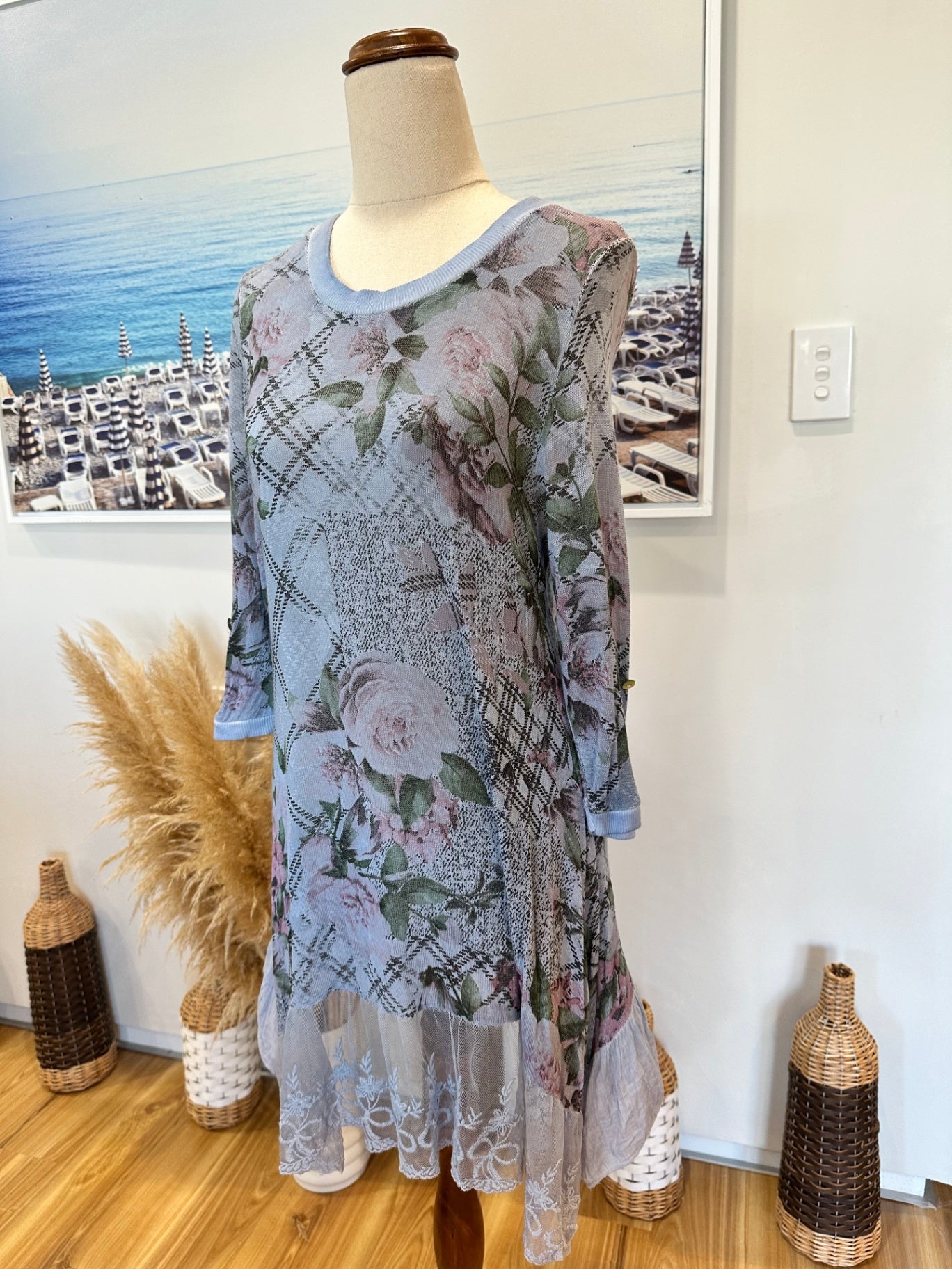 [SALE] Pale Blue Dress w Tartan / Floral Print - Size Small