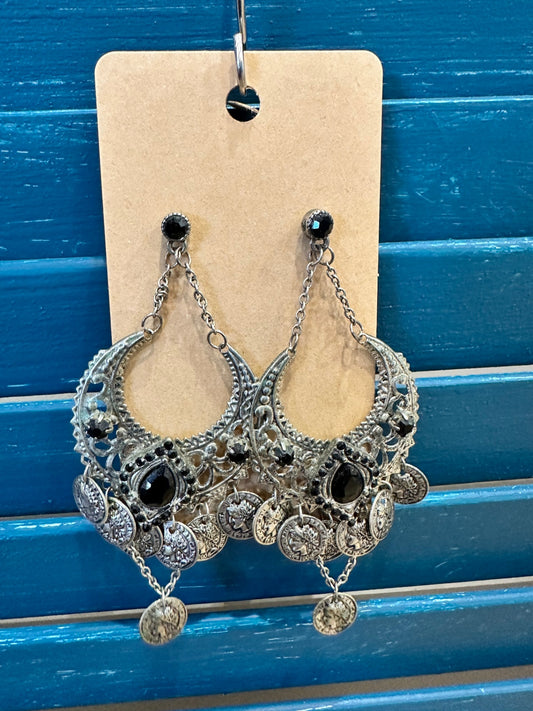 Earrings - Black + Silver - Greek style Medallions
