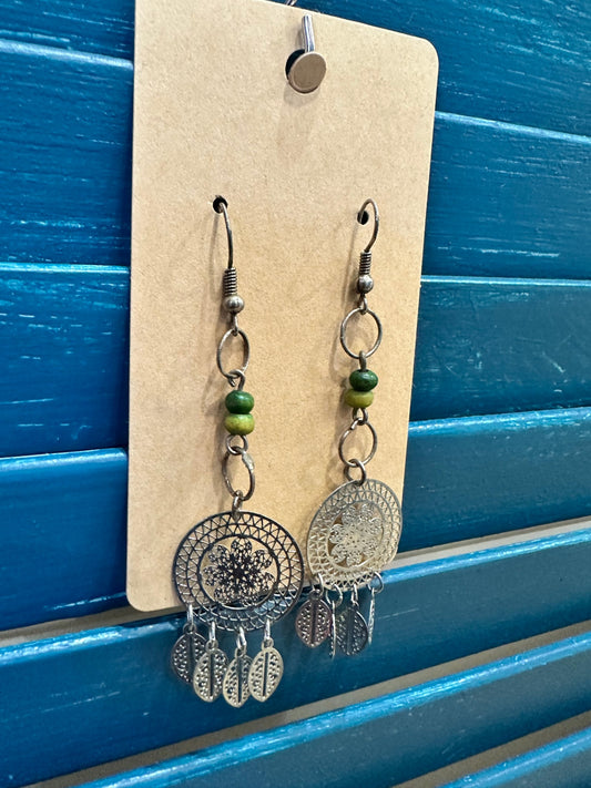 Earrings - Green Beads - Dreamcatcher pendant