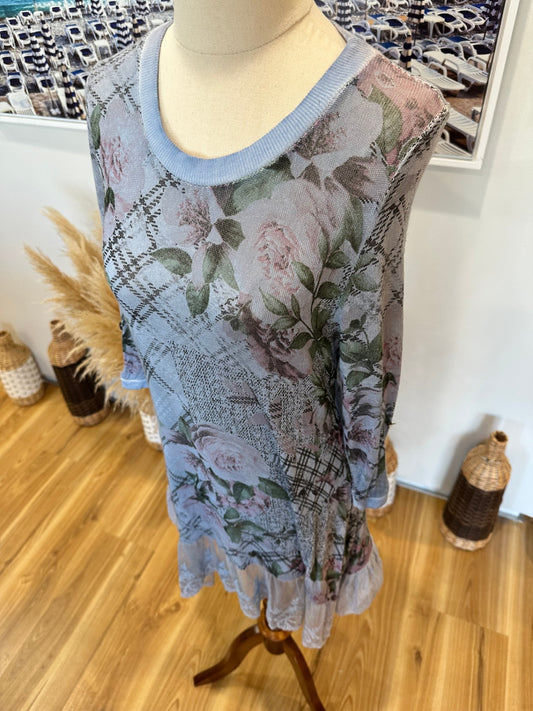 [SALE] Pale Blue Dress w Tartan / Floral Print - Size Small