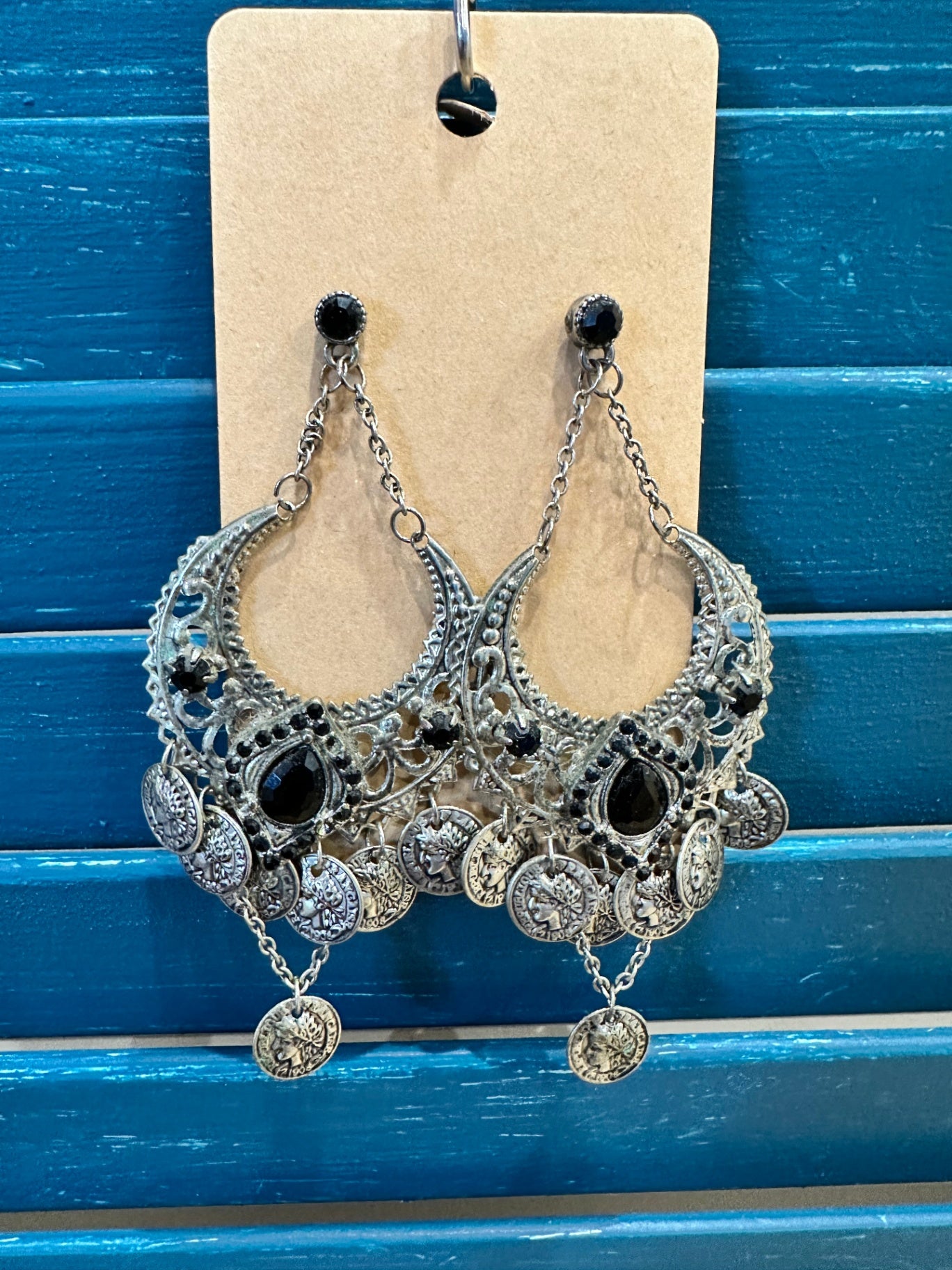 Earrings - Black + Silver - Greek style Medallions