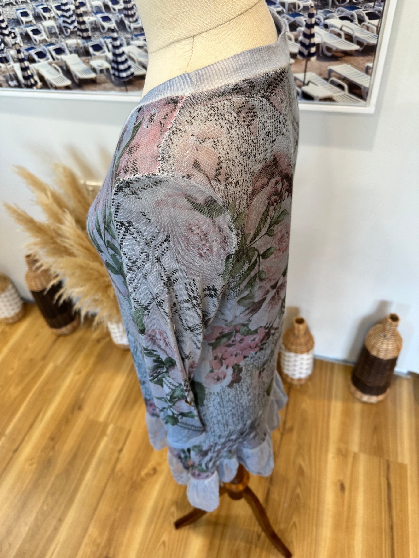 [SALE] Pale Blue Dress w Tartan / Floral Print - Size Small