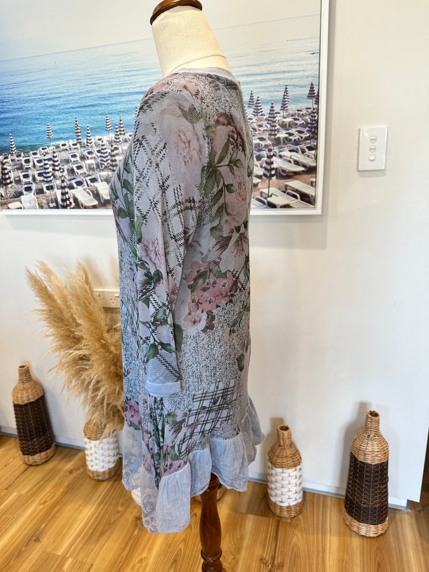 [SALE] Pale Blue Dress w Tartan / Floral Print - Size Small