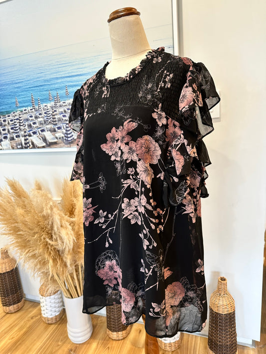 City Chic - Blouse - Size 18 - Black with pink floral pattern [New without tags]