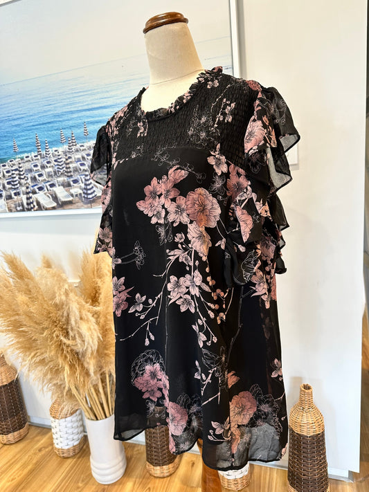 City Chic - Blouse - Size 18 - Black with pink floral pattern [New without tags]