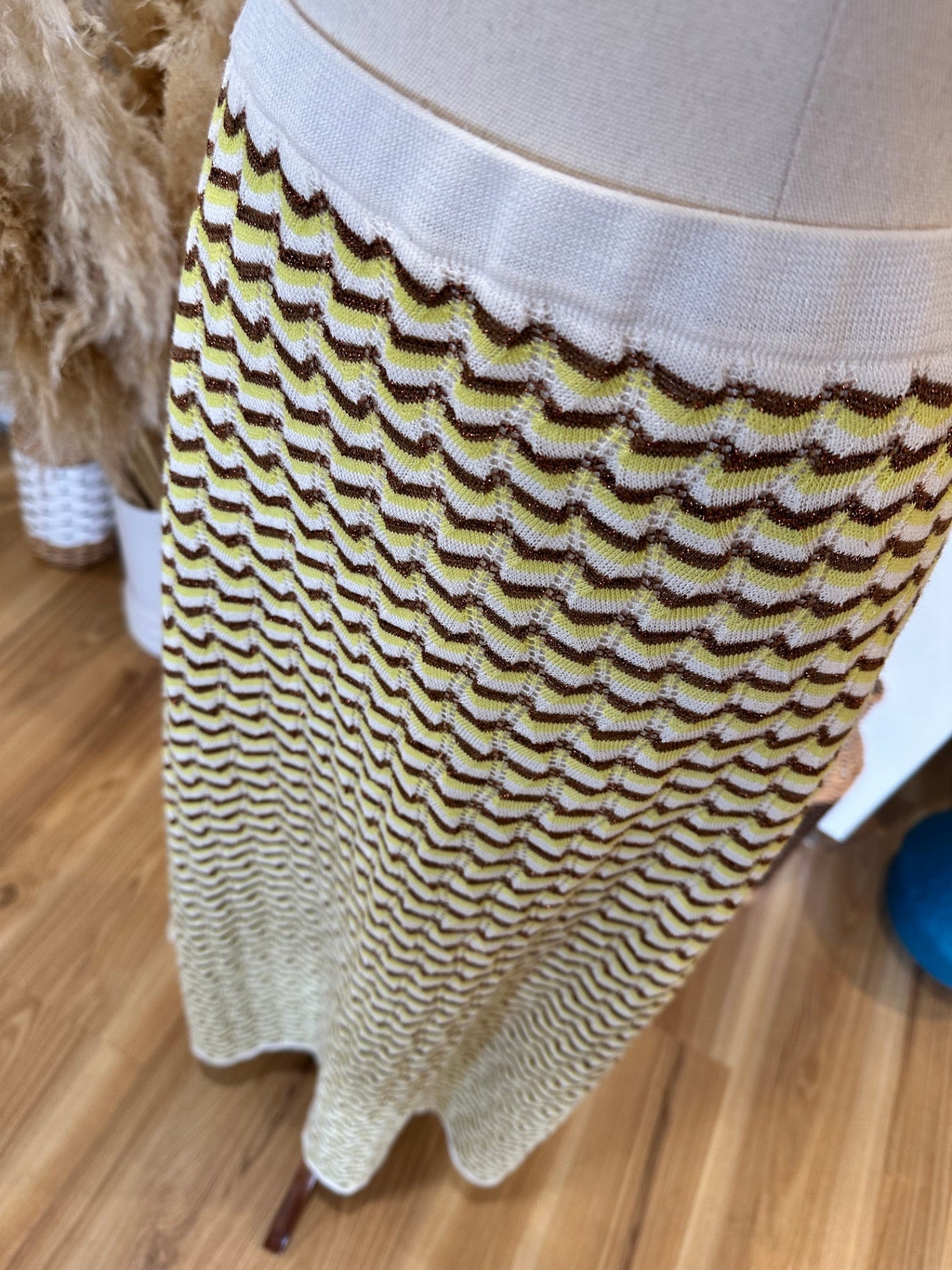 Zara - Midi Skirt - Size Large - Yellow, Brown + Cream