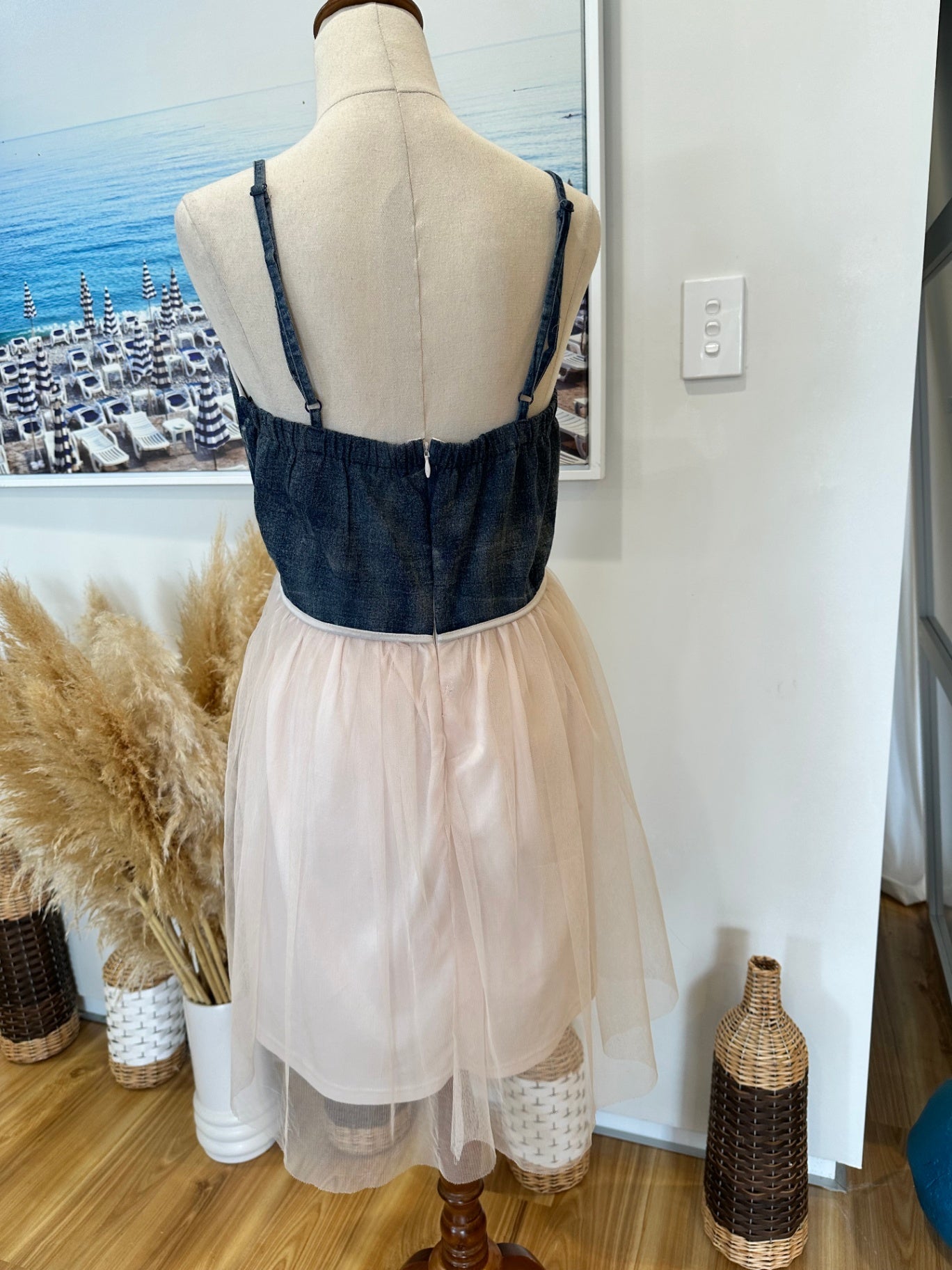 Dress - Tulle Skirt with Denim Bodice - Blush Pink + Blue - Medium