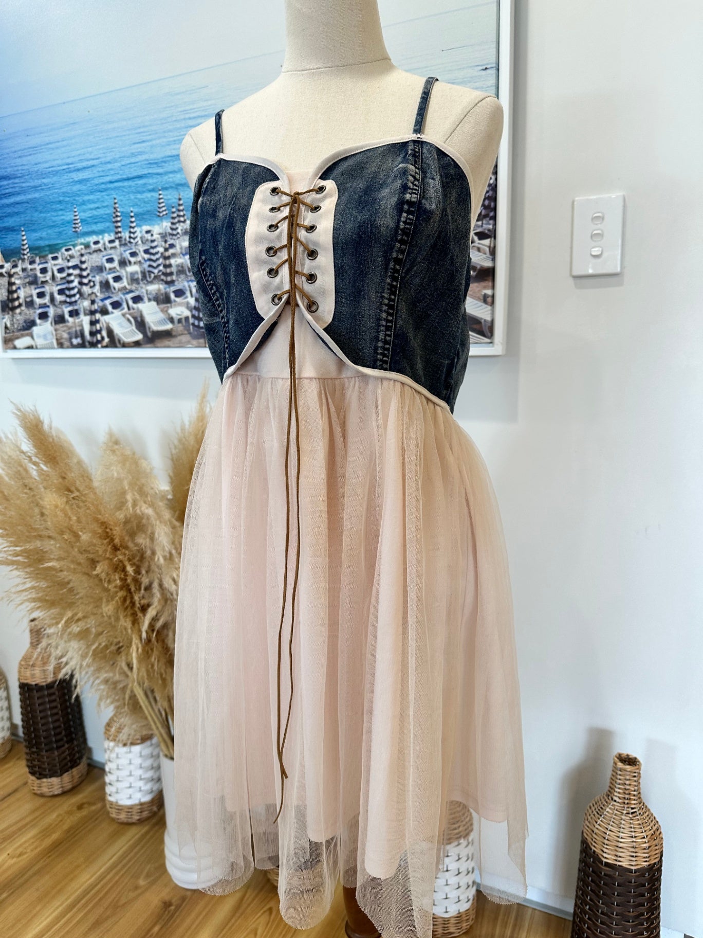 Dress - Tulle Skirt with Denim Bodice - Blush Pink + Blue - Medium