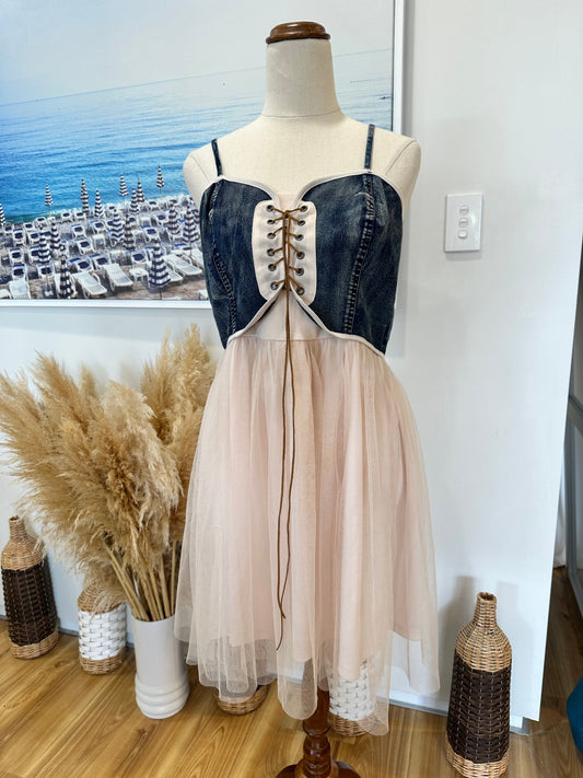 Dress - Tulle Skirt with Denim Bodice - Blush Pink + Blue - Medium