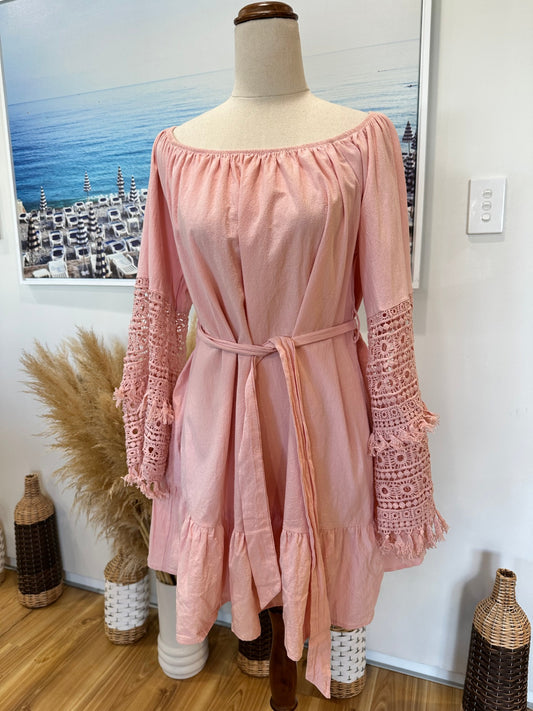 Bohemian Long Sleeve Dress - Large - Pink