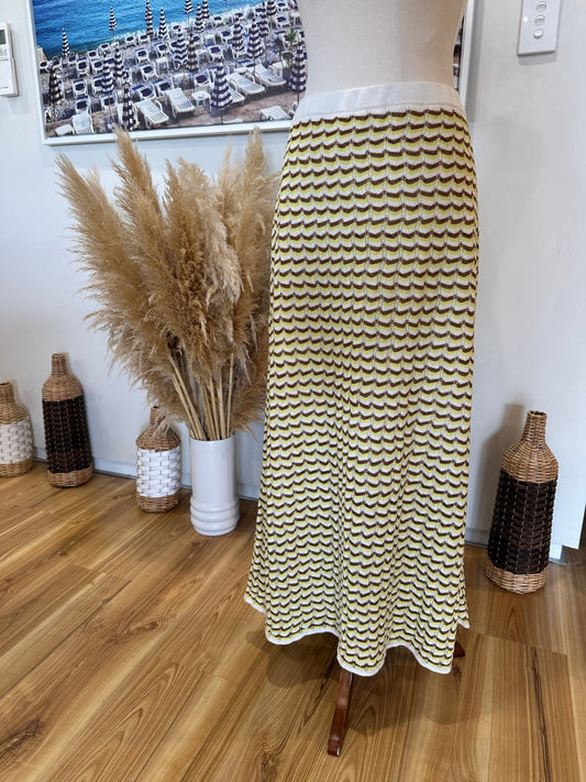 Zara - Midi Skirt - Size Large - Yellow, Brown + Cream