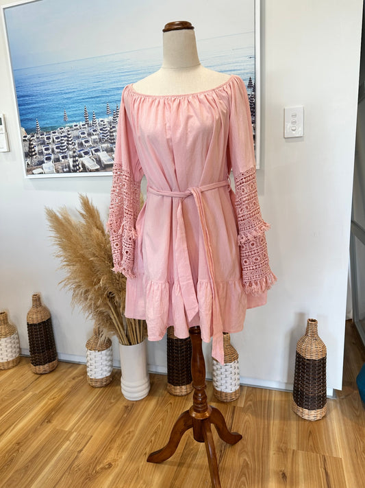 Bohemian Long Sleeve Dress - Large - Pink