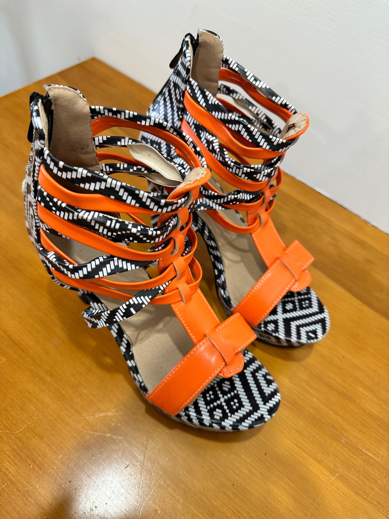 Aztec Print + Orange - Platform feature High Heels - Size 39