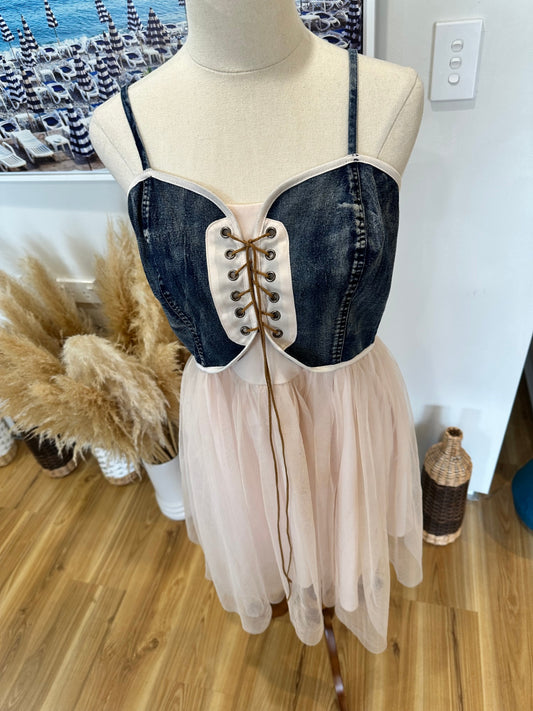 Dress - Tulle Skirt with Denim Bodice - Blush Pink + Blue - Medium