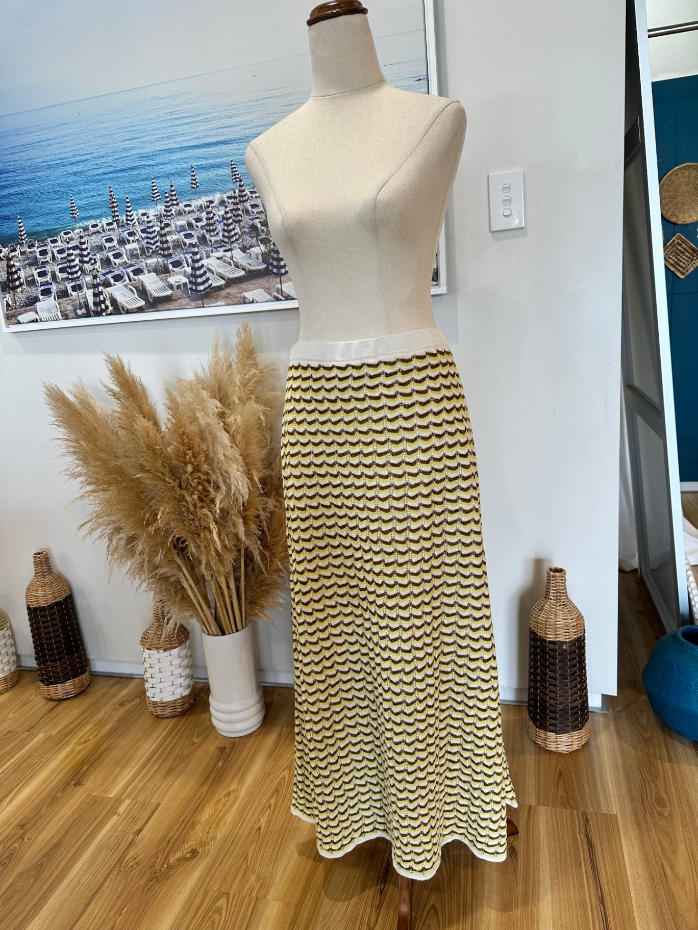 Zara - Midi Skirt - Size Large - Yellow, Brown + Cream