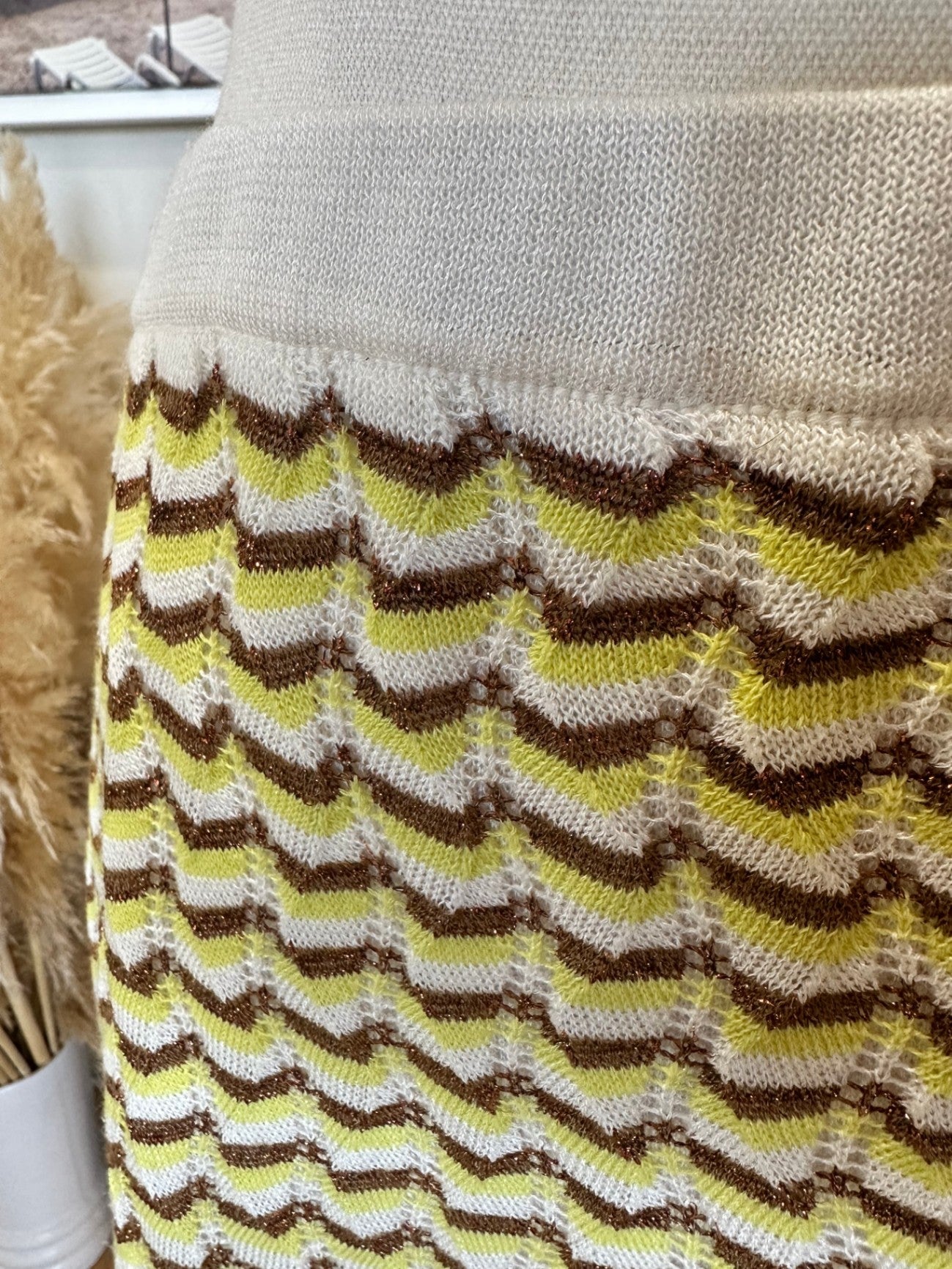 Zara - Midi Skirt - Size Large - Yellow, Brown + Cream