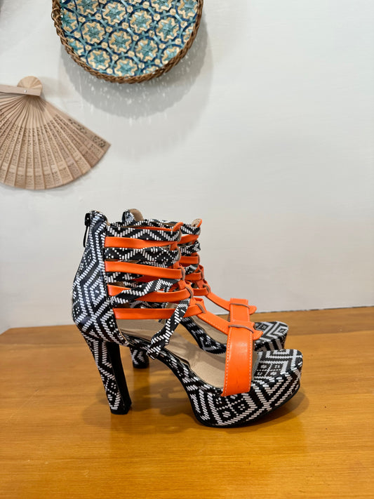 Aztec Print + Orange - Platform feature High Heels - Size 39