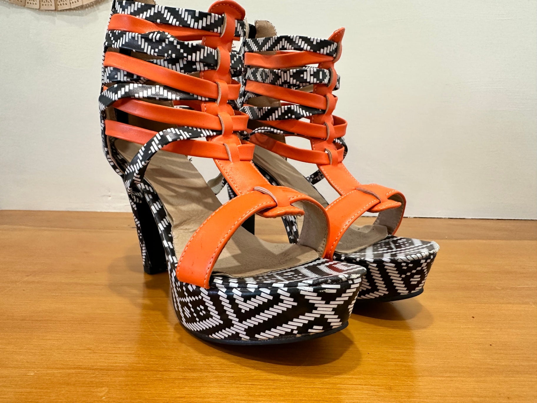 Aztec Print + Orange - Platform feature High Heels - Size 39